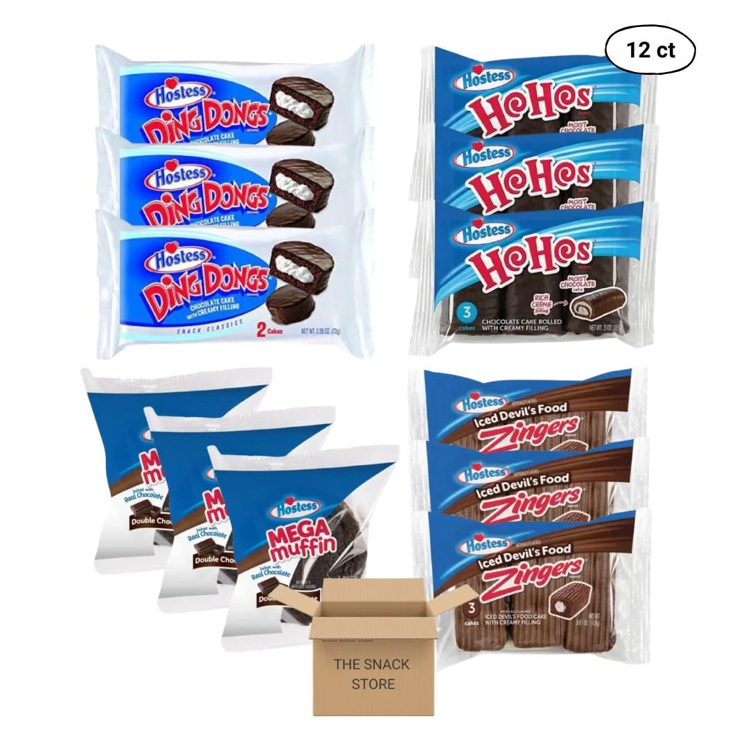 The Snack Store Variety Pack | Hostess DingDongs Chocolate, HoHos Chocolate, Mega Muffin Double Chocolate, and Iced Devil's Food