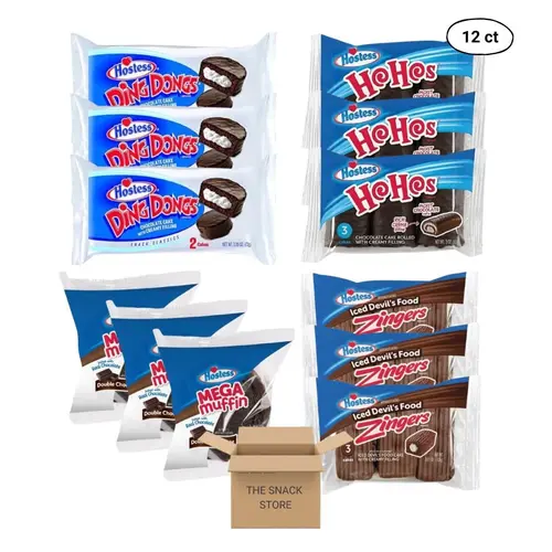 The Snack Store Variety Pack | Hostess DingDongs Chocolate, HoHos Chocolate, Mega Muffin Double Chocolate, and Iced Devil's Food