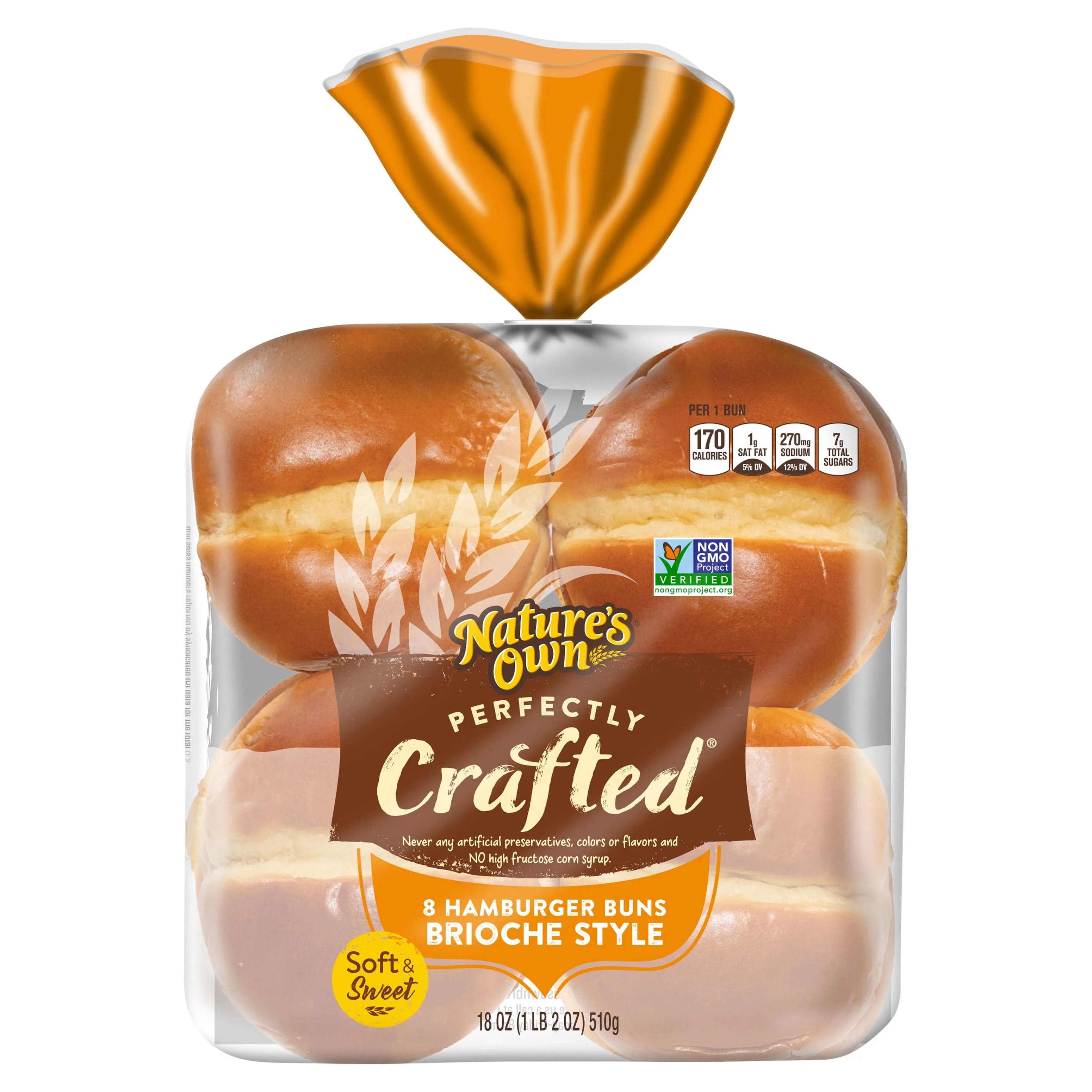 (1PACK) Nature's Own Perfectly Crafted Brioche Style Hamburger Buns, 8 Ct, Shelf-Stable