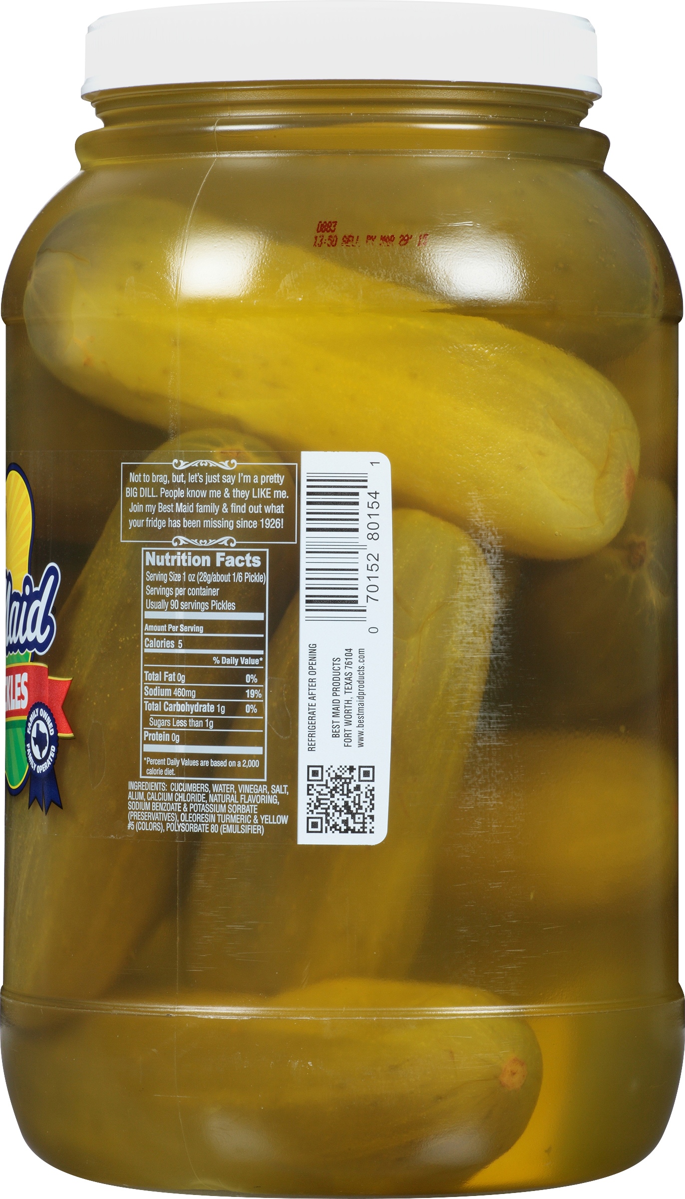 Best Maid Whole Dill Pickles, 1 gallon jar, 128 oz, Kosher Certified, 12-16 whole dills per jar. thumbnail 4