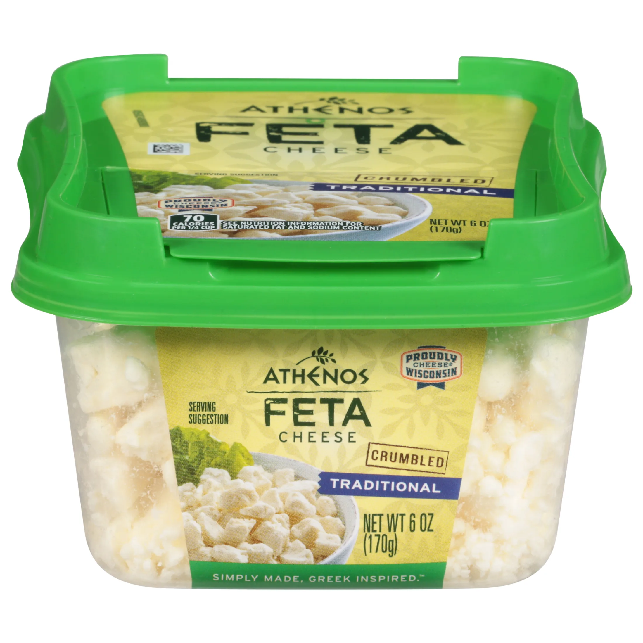 Athenos Traditional Crumbled Feta Cheese 6 oz, Refrigerated, Plastic Tub
