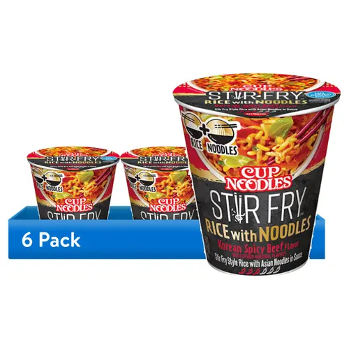 (6 pack) Nissin Foods Cup Noodles Stir Fry Rice with Noodles, Korean Spicy Beef Flavor, 2.36 oz Cup, Shelf-Stable