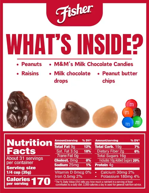Fisher Snack Indulgent Trail Mix, 38 Ounces, Peanuts, Milk Chocolate Candies, Raisins, Milk Chocolate Drops, Peanut Butter Chips thumbnail 2