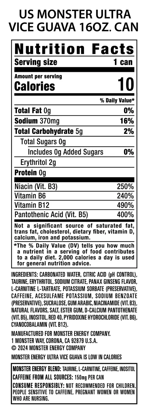 Monster Energy Ultra, Vice Guava, Zero Sugar Energy Drink, 16 fl oz Can thumbnail 3