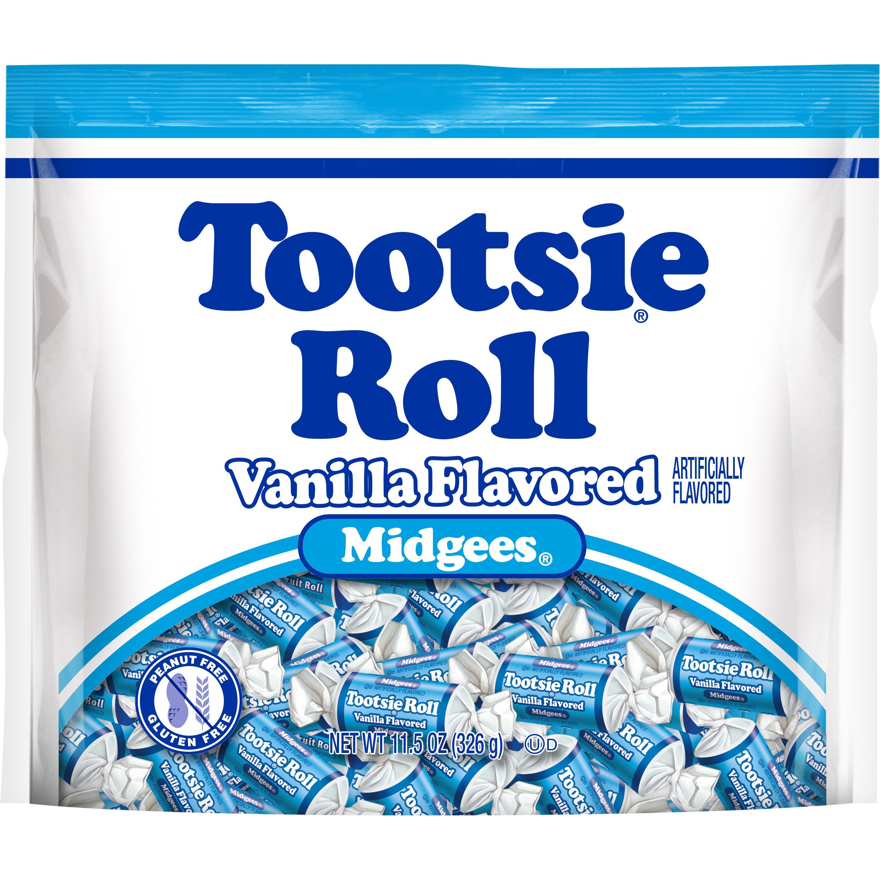 Tootsie Roll, Vanilla Midgees, 11.5 oz.  Peanut Free, Gluten Free.  Contains Milk and Soy.