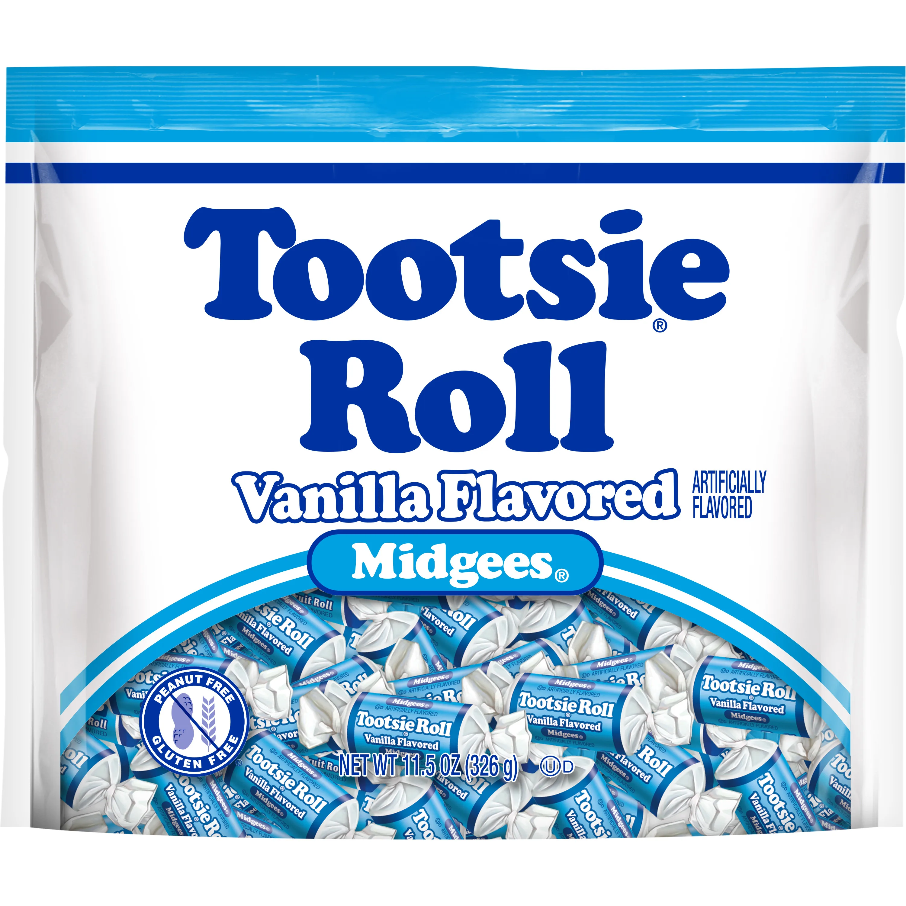 Tootsie Roll, Vanilla Midgees, 11.5 oz.  Peanut Free, Gluten Free.  Contains Milk and Soy.