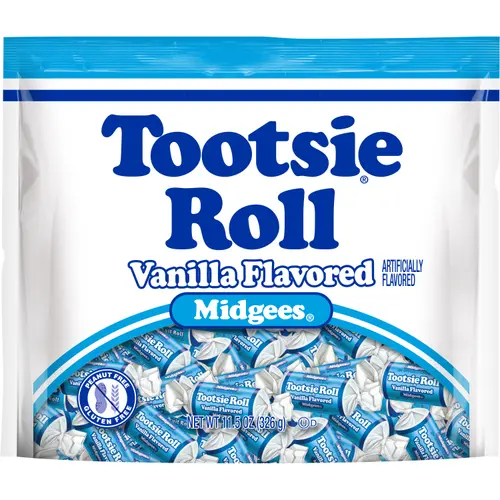 Tootsie Roll, Vanilla Midgees, 11.5 oz.  Peanut Free, Gluten Free.  Contains Milk and Soy.