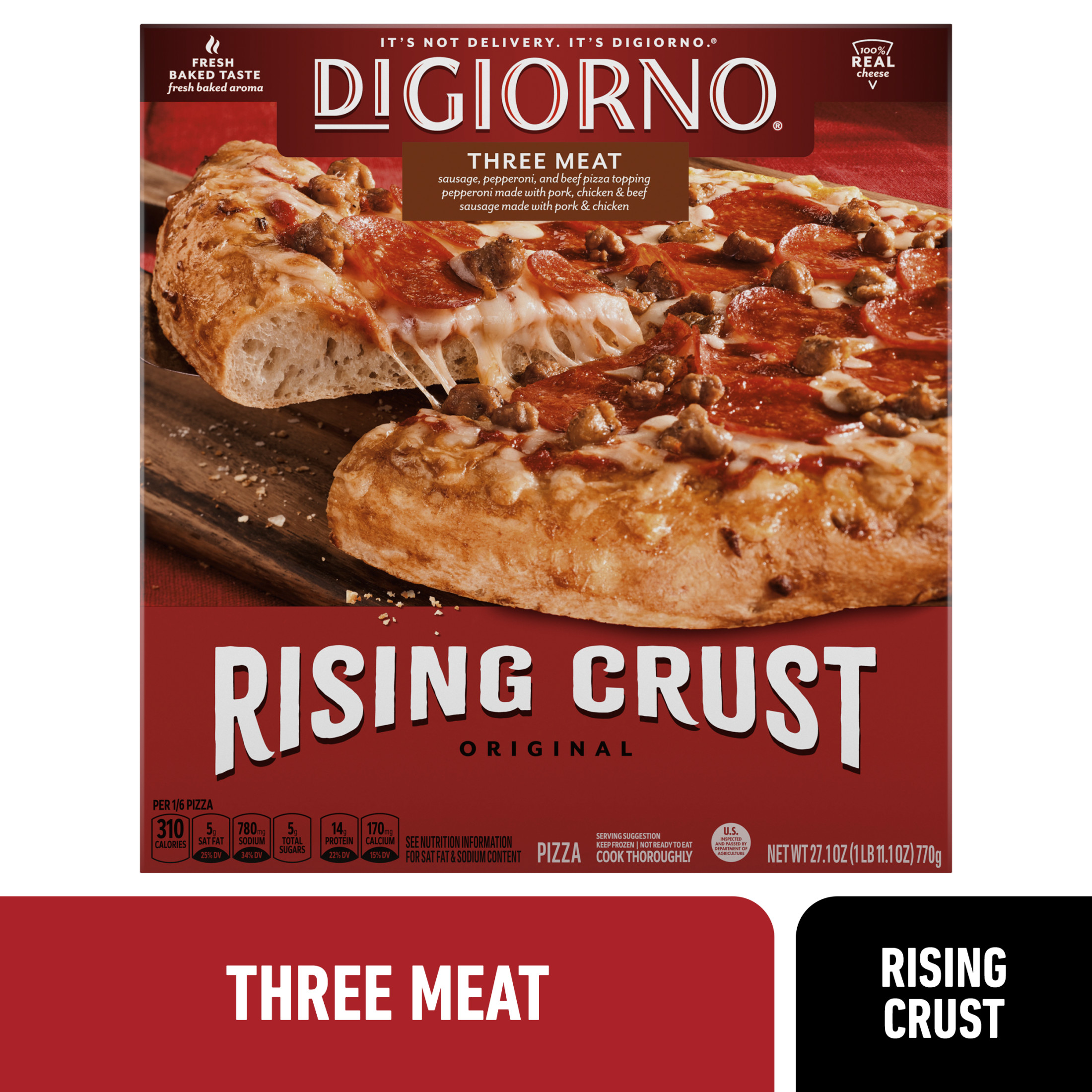 DiGiorno Rising Crust Three Meat Pizza with Cheese, Pepperoni, Beef, and Sausage, 27.1 oz (Frozen)