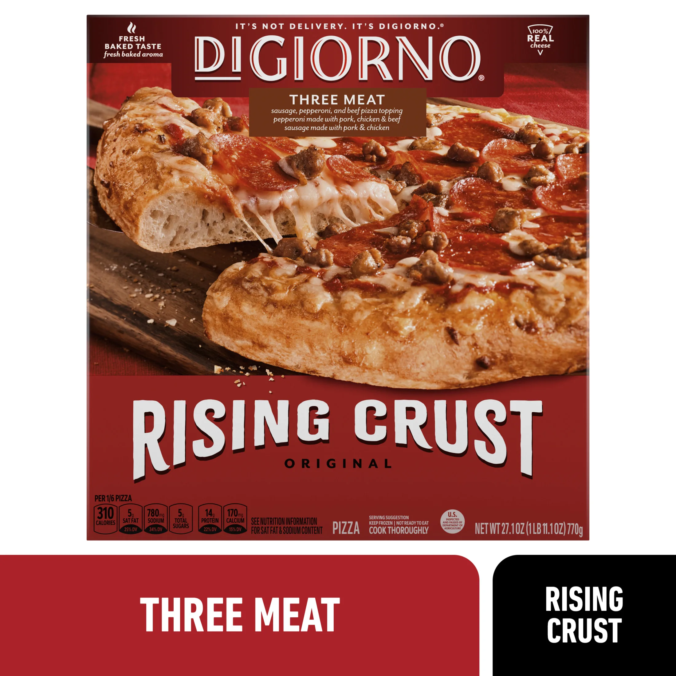 DiGiorno Rising Crust Three Meat Pizza with Cheese, Pepperoni, Beef, and Sausage, 27.1 oz (Frozen)