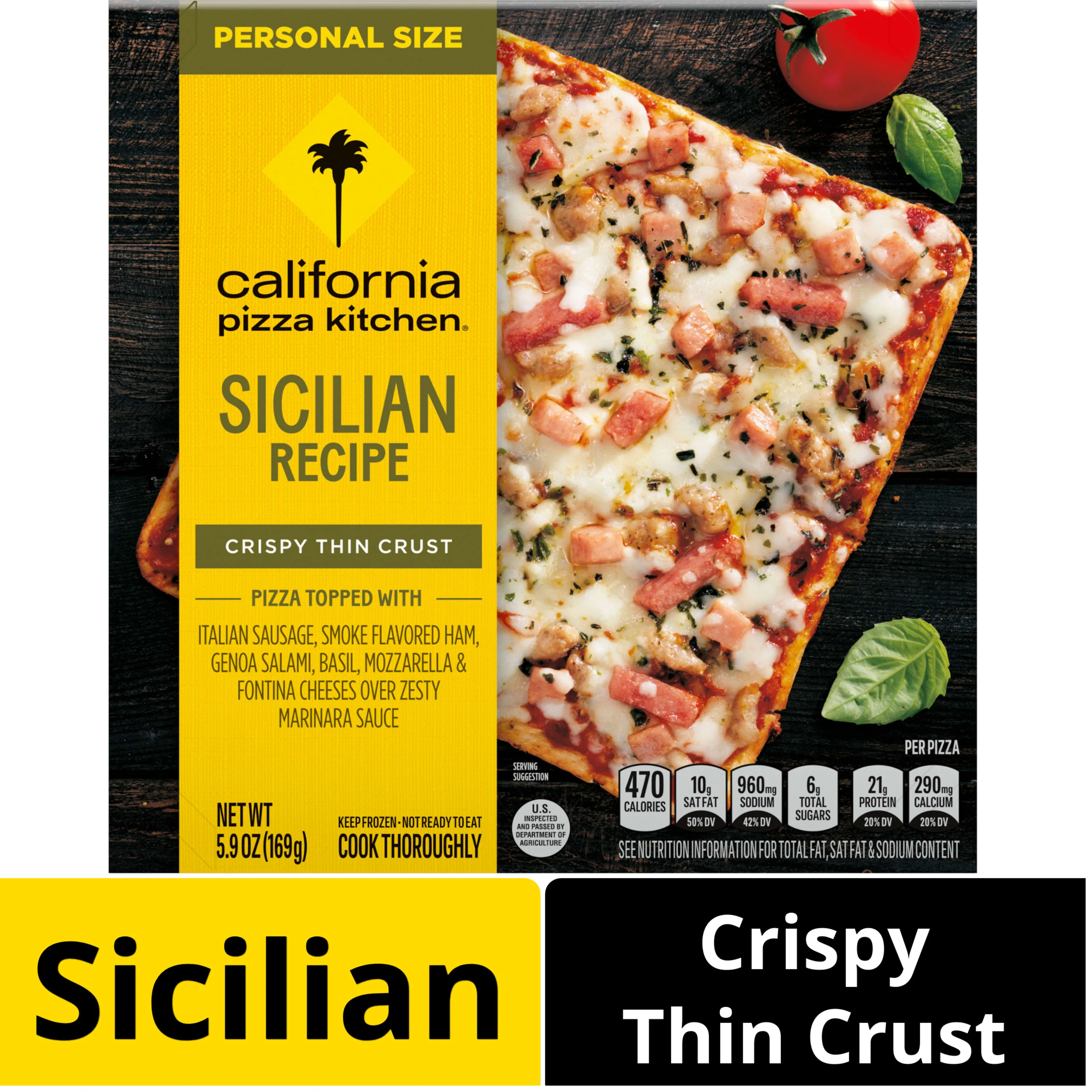 California Pizza Kitchen Sicilian Recipe Pizza Personal Size Frozen Food with Crispy Thin Crust, 5.9 oz