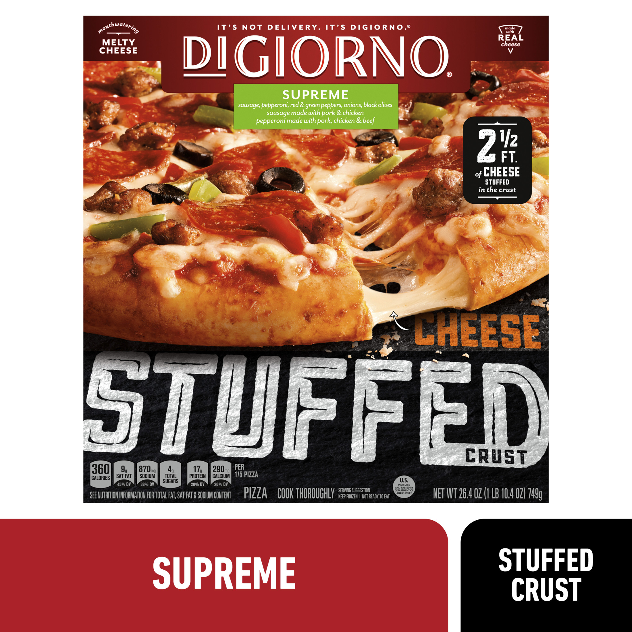 DiGiorno Stuffed Crust Cheese, Veggie, and Meat Supreme Pizza, 26.4 oz (Frozen)