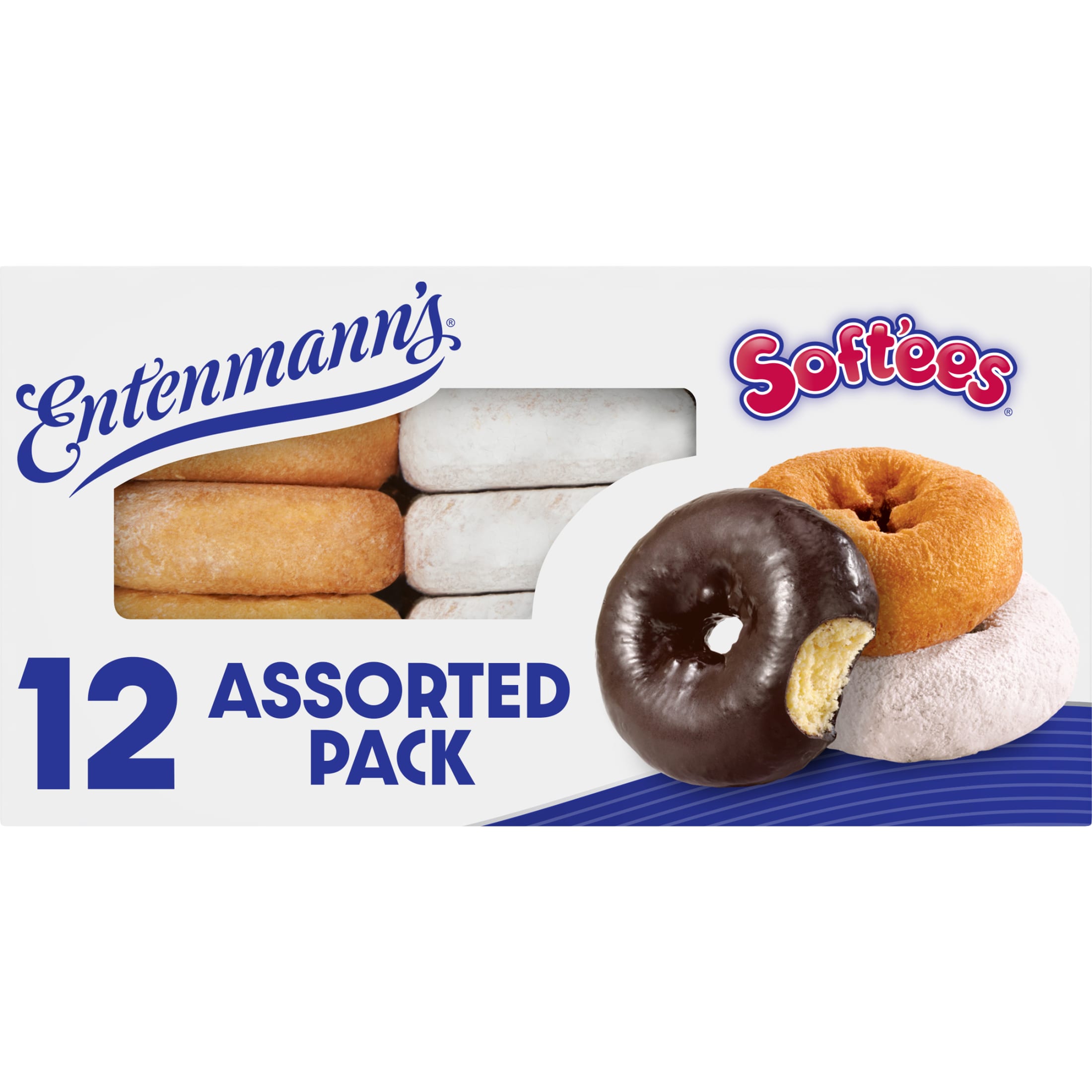 Entenmann's Soft'ees Plain, Powdered Sugar, Chocolate Frosted Donuts, 12 count, Assorted Donuts, 20.5 oz Box