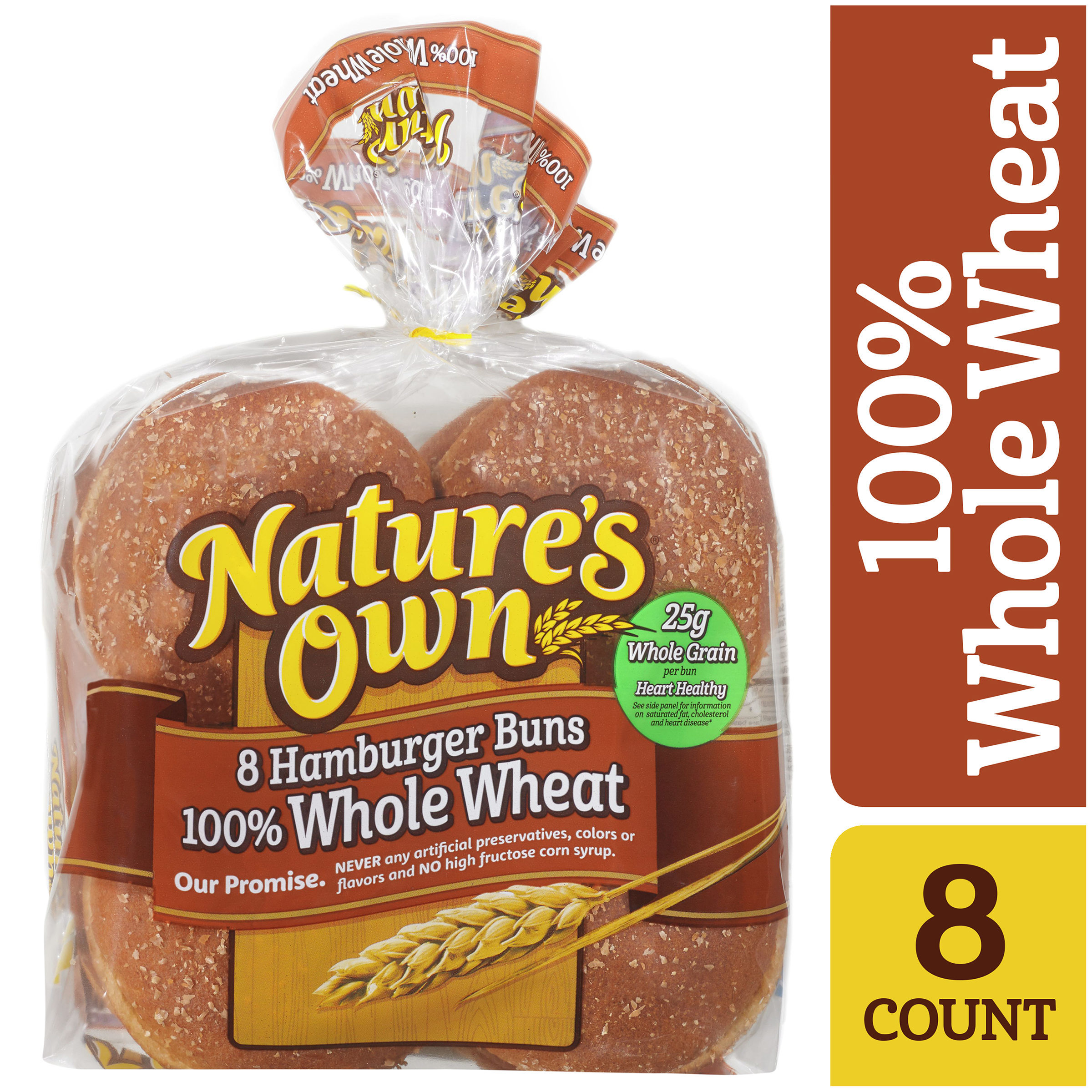 Nature's Own 100% Whole Wheat Hamburger Buns, 15 oz, 8 Count, Shelf-Stable