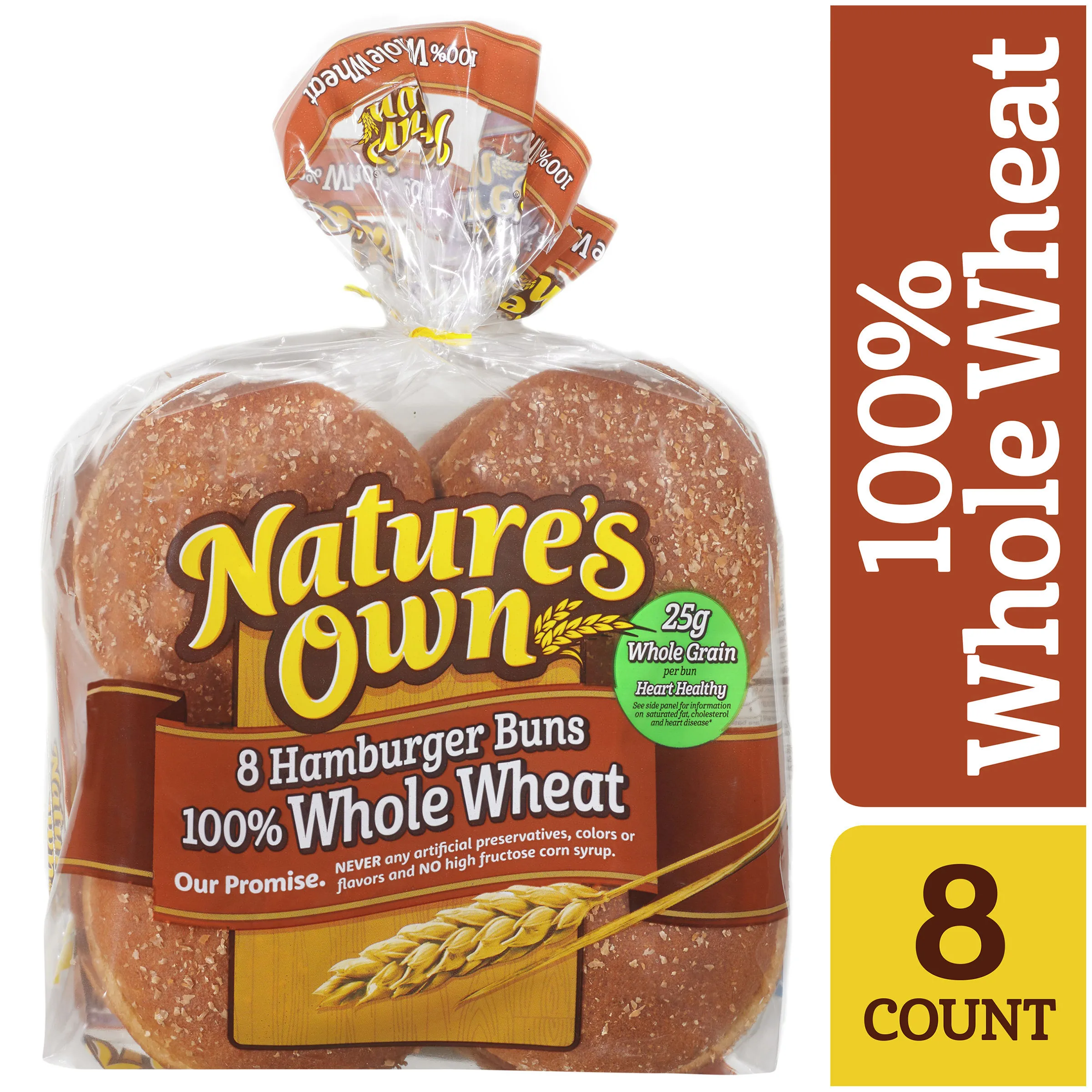 Nature's Own 100% Whole Wheat Hamburger Buns, 15 oz, 8 Count, Shelf-Stable