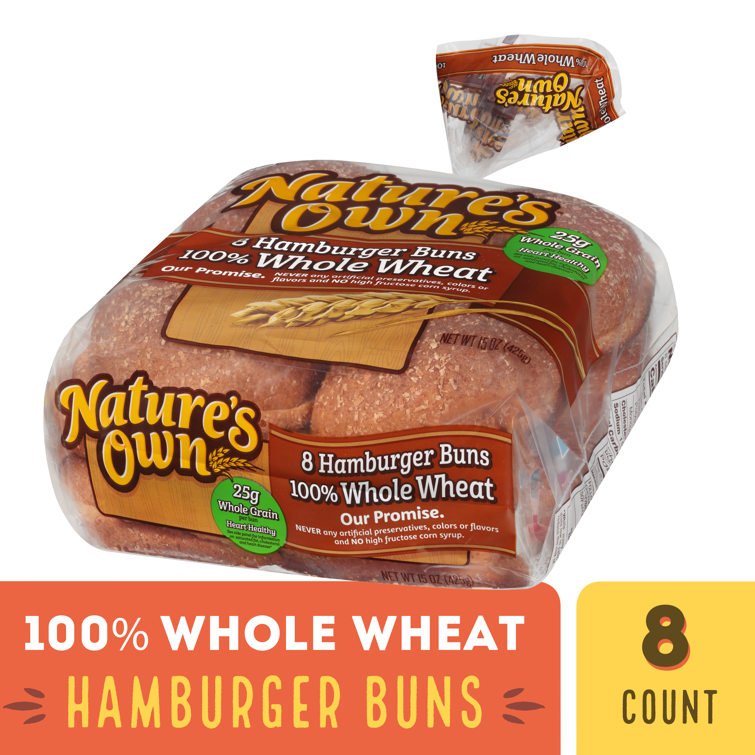 Nature's Own 100% Whole Wheat Hamburger Buns, 15 oz, 8 Count, Shelf-Stable thumbnail 2