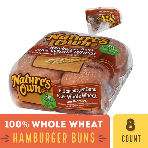 Nature's Own 100% Whole Wheat Hamburger Buns, 15 oz, 8 Count, Shelf-Stable thumbnail 2