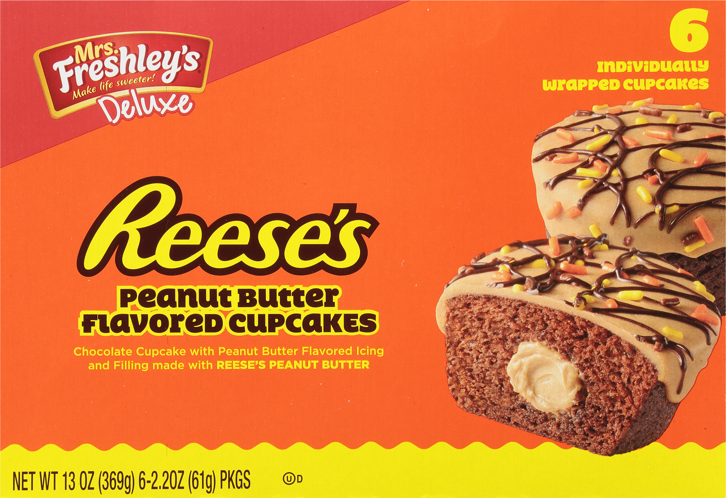Mrs. Freshley's Deluxe Reese's Peanut Butter Cupcakes, 6 Count, 6 Individually Wrapped Snack Cakes, Shelf-Stable