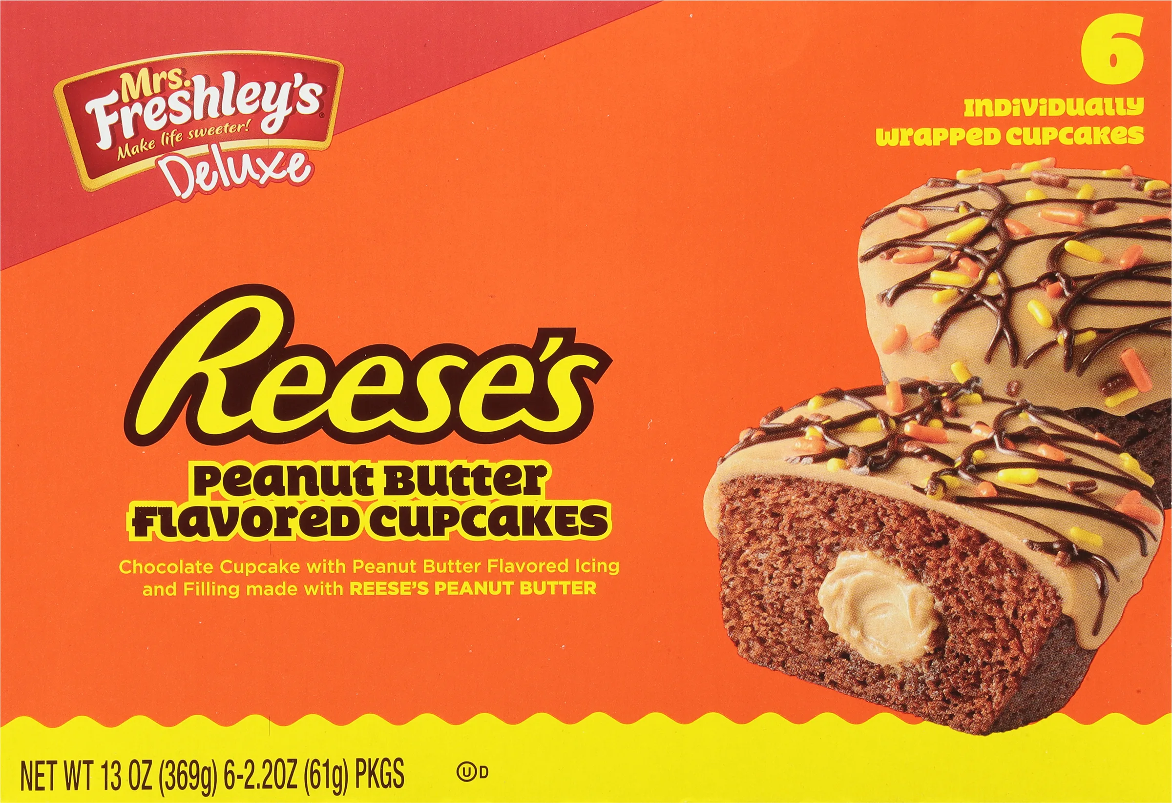 Mrs. Freshley's Deluxe Reese's Peanut Butter Cupcakes, 6 Count, 6 Individually Wrapped Snack Cakes, Shelf-Stable