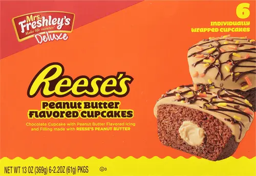 Mrs. Freshley's Deluxe Reese's Peanut Butter Cupcakes, 6 Count, 6 Individually Wrapped Snack Cakes, Shelf-Stable