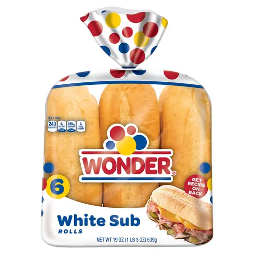 Wonder Bread Sub Rolls, White Bread Rolls, 19 oz, 6 Count, Shelf-Stable