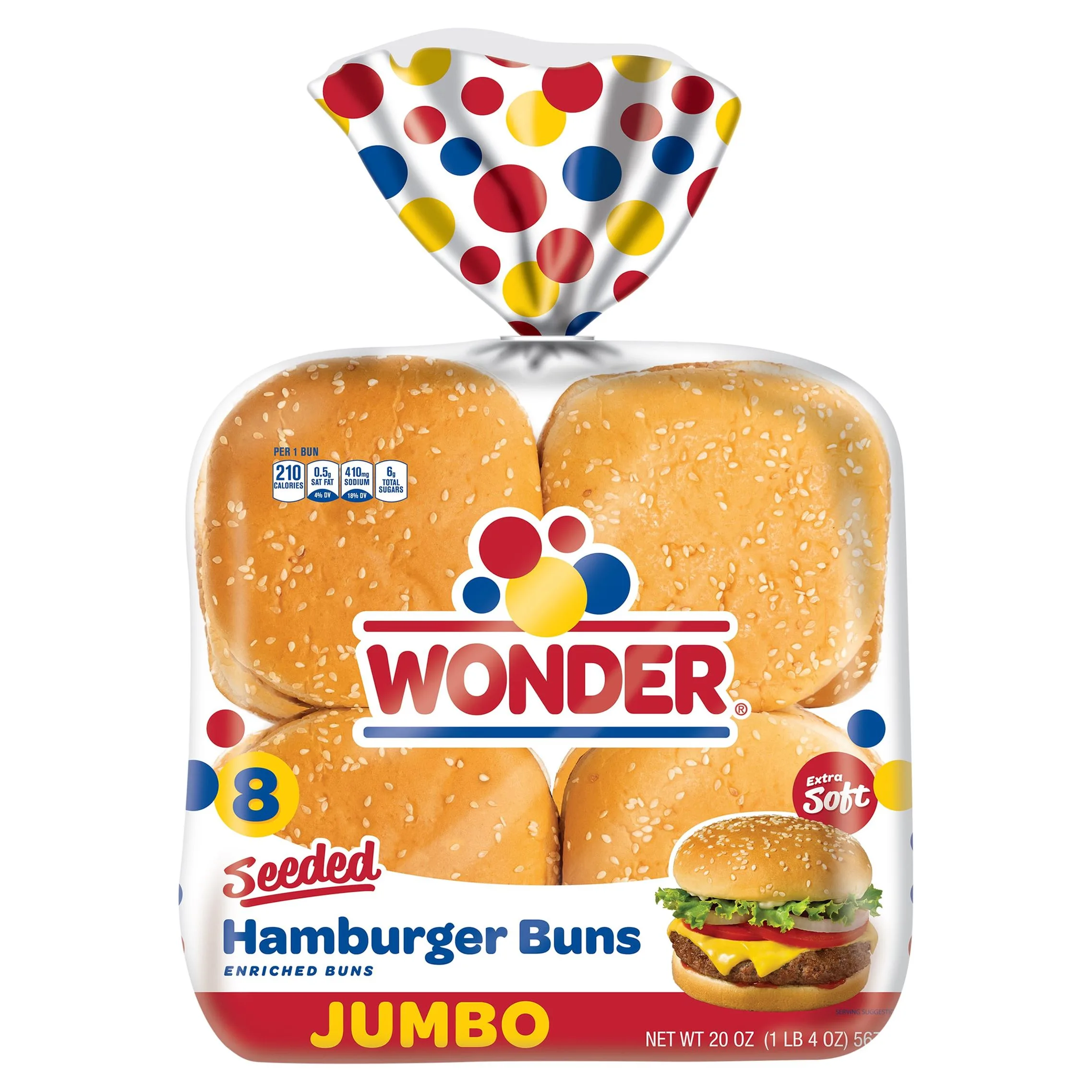 Wonder Bread Jumbo Seeded White Bread Hamburger Buns, 15 oz, 8 Ct, Shelf-Stable