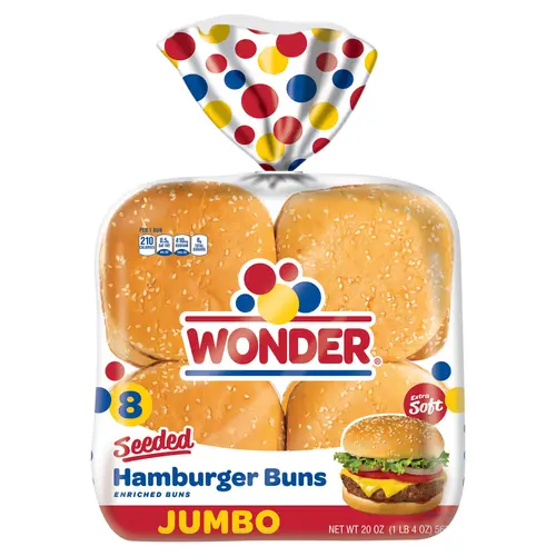 Wonder Bread Jumbo Seeded White Bread Hamburger Buns, 15 oz, 8 Ct, Shelf-Stable