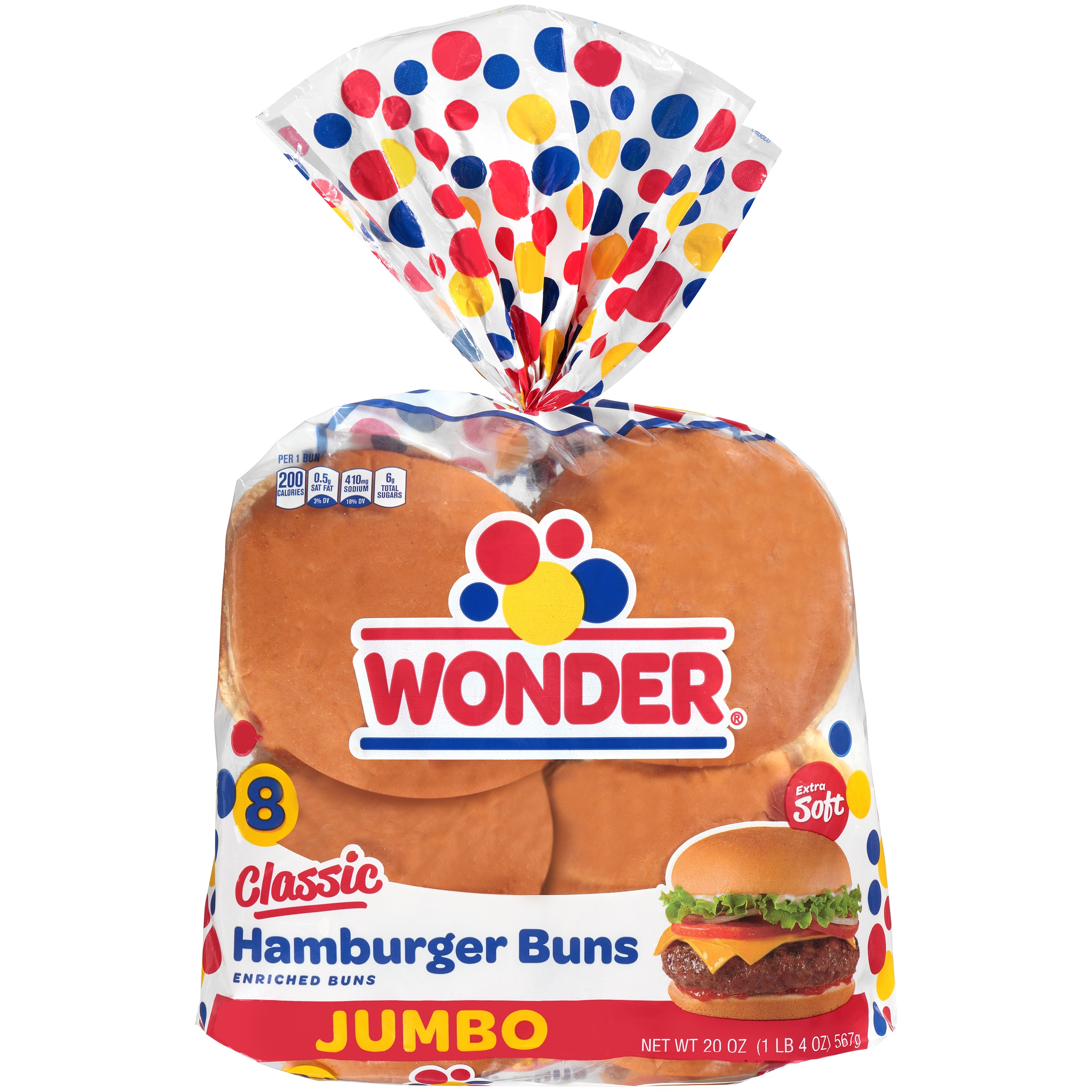 Wonder Bread Jumbo Hamburger Buns, White Bread Rolls, 8 Count, Shelf-Stable