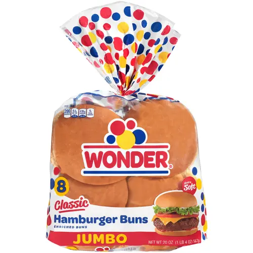 Wonder Bread Jumbo Hamburger Buns, White Bread Rolls, 8 Count, Shelf-Stable