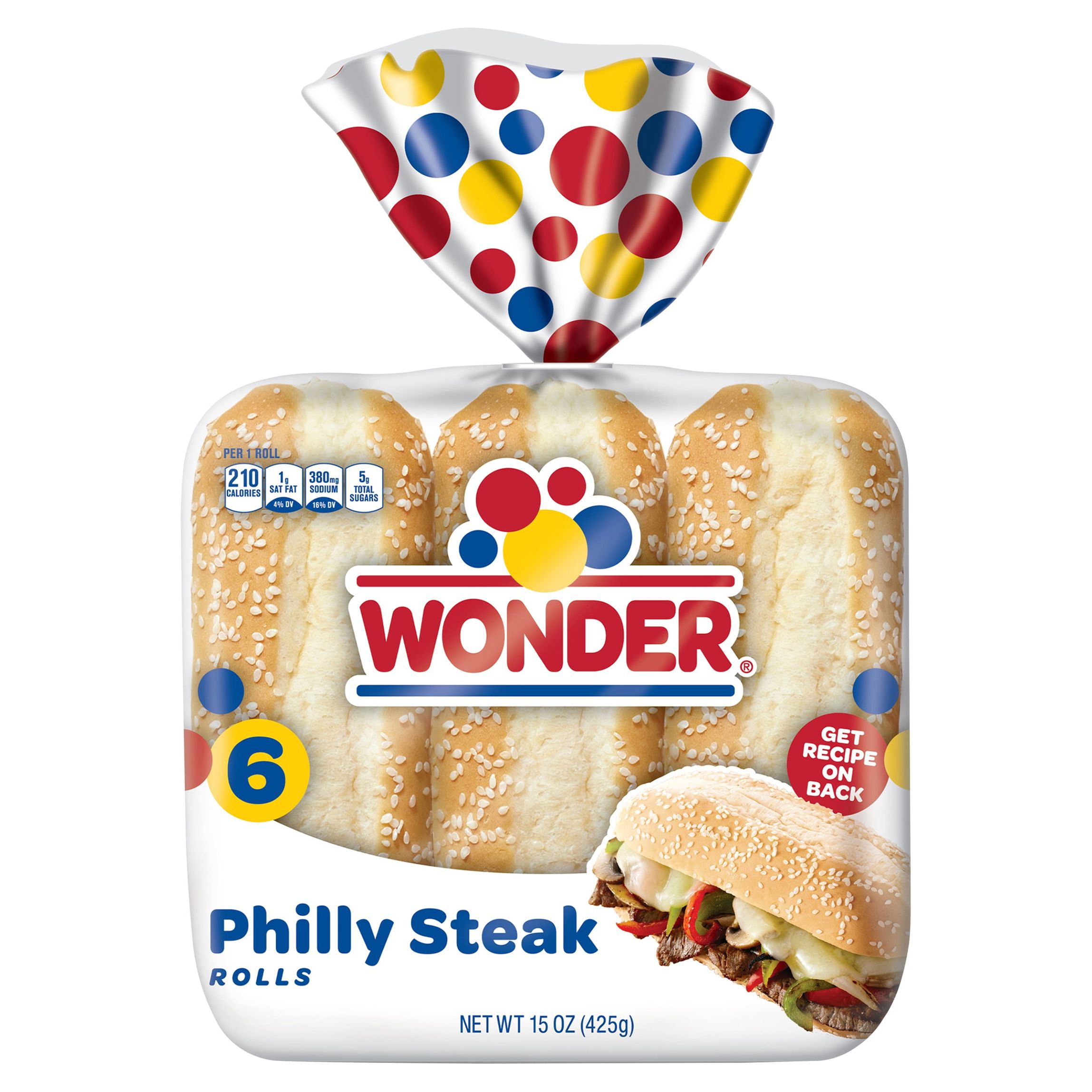 Wonder Bread Philly Steak Rolls, White Bread Sub Rolls, 15 ounce, 6 Count