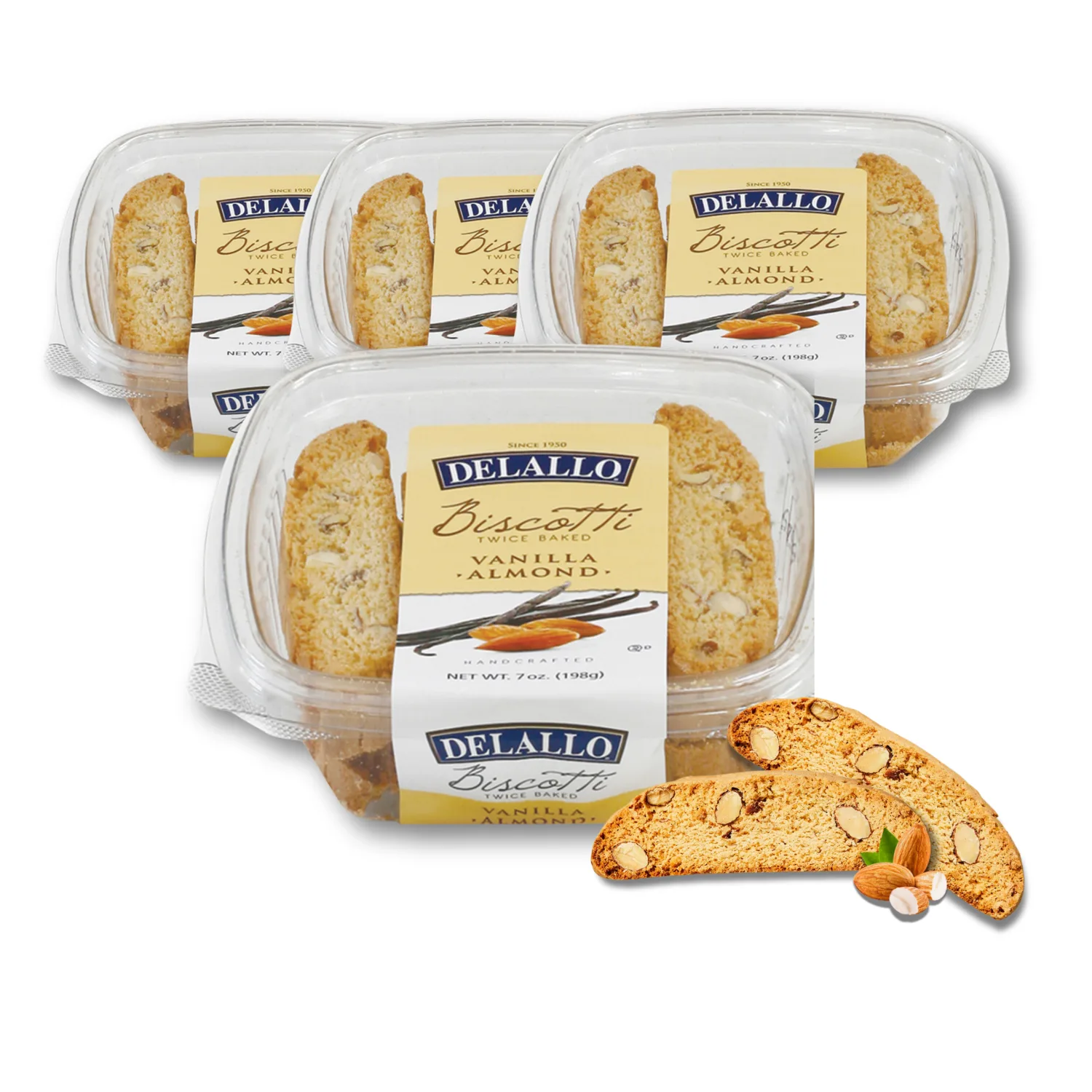 Delallo Vainilla Almond Biscotti, 7 oz, Plastic Tub, Shelf-Stable, Baked