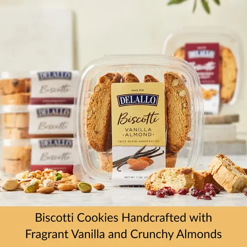 Delallo Vainilla Almond Biscotti, 7 oz, Plastic Tub, Shelf-Stable, Baked thumbnail 3