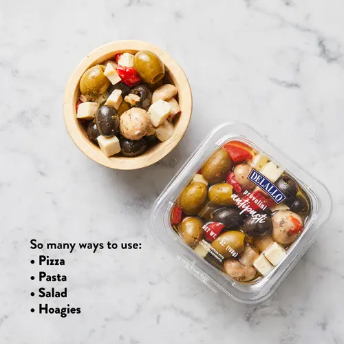 DeLallo Provolone Olive Salad, with Mushrooms, Chopped Peppers & Cheese in Marinade, 7 oz Container thumbnail 4