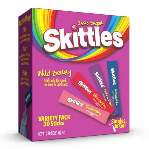 Skittles Zero Sugar Wild Berry Singles-to-Go Packs, Powdered Drink Mix, 2.88 oz, 30 Count Packets