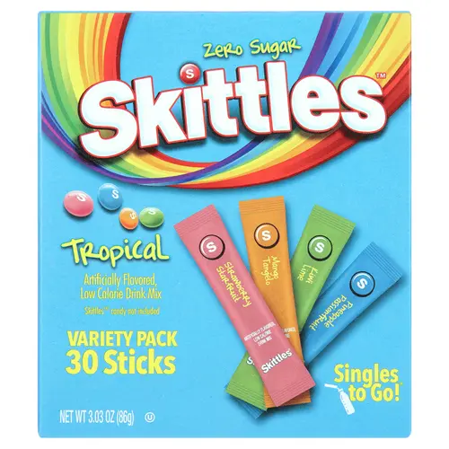 Skittles Zero Sugar Variety Pack Singles-to-Go Powdered Drink Mix, Tropical, 30 Count Packets thumbnail 3