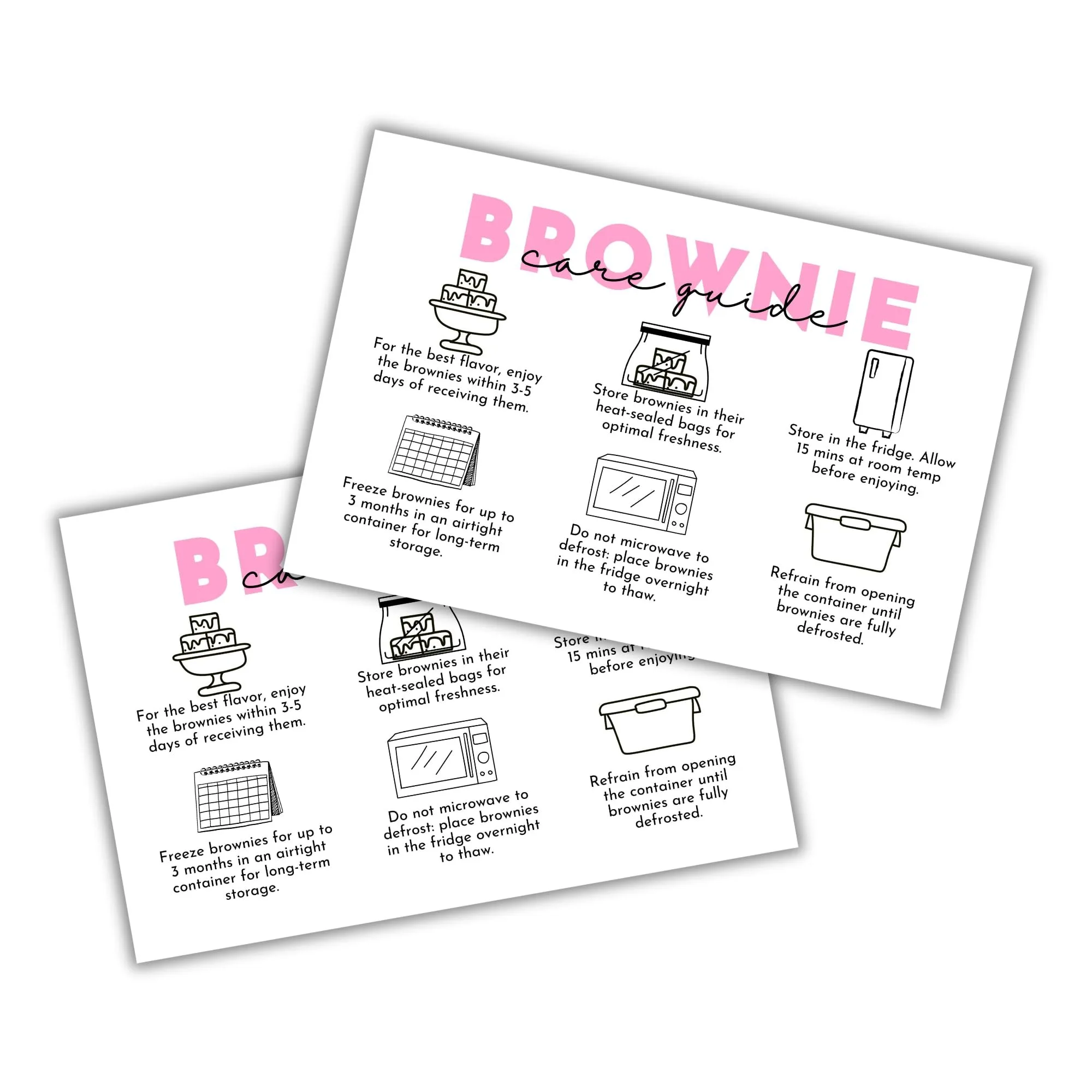 Brownie Chocolate Care Instruction Storage Cards  30 pk 4x6 Bakery Customer Sourdough Bread Blondie Baker Business Dessert Contr