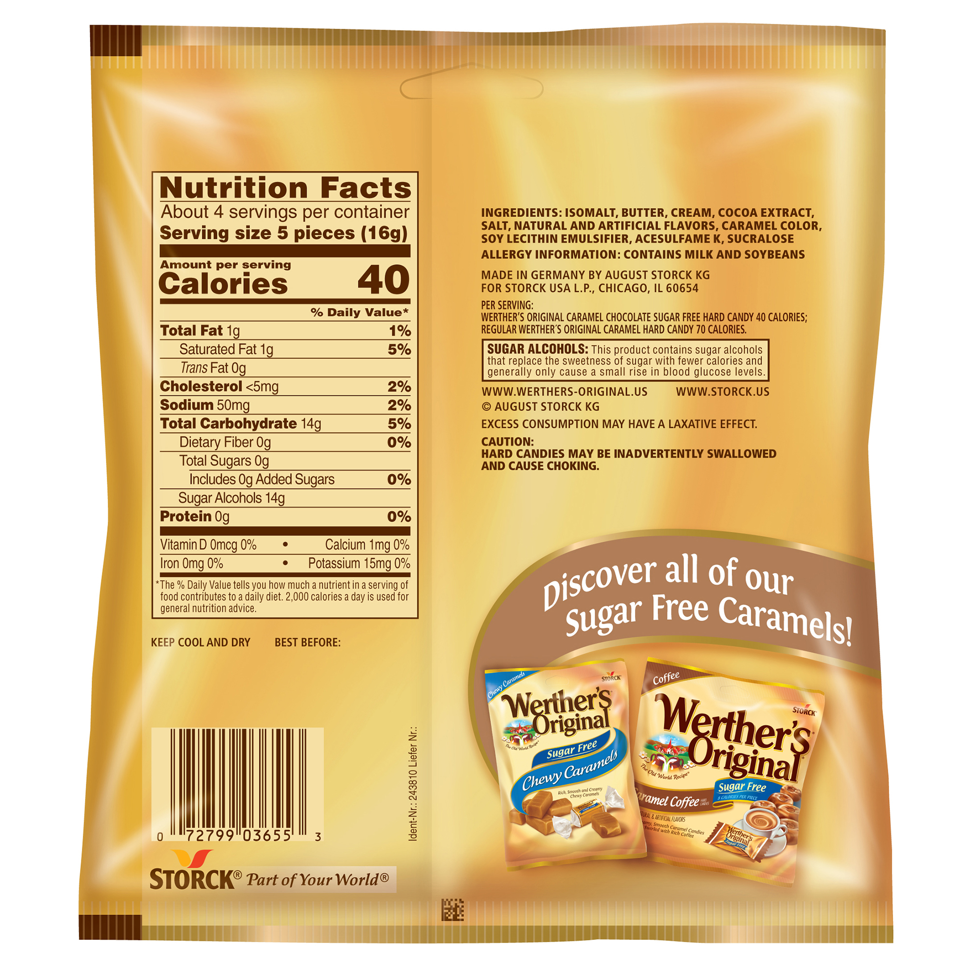 Storck Werther's Original Sugar-Free Caramel Chocolate Hard Candies, 2.35 oz. thumbnail 2