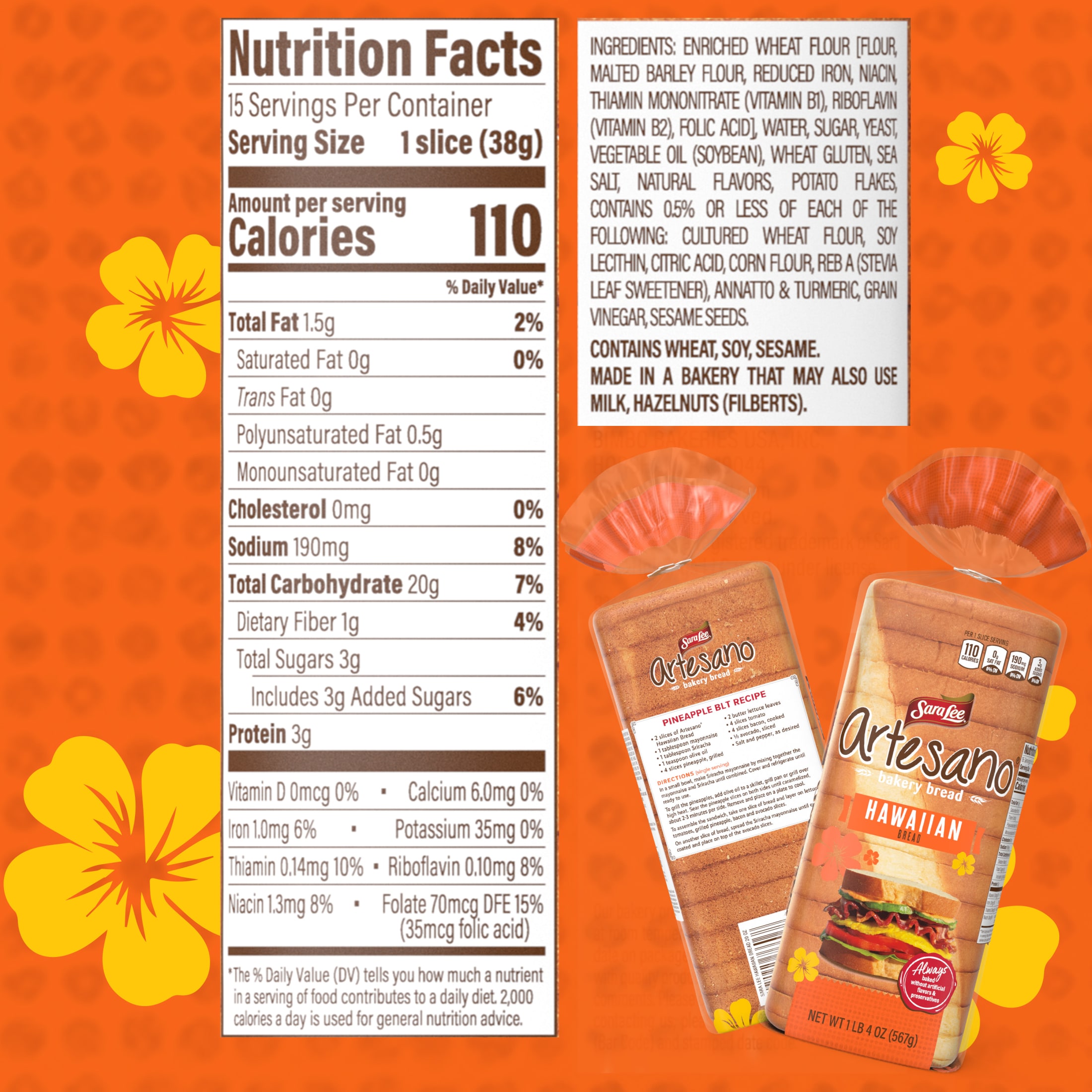 Sara Lee Artesano Hawaiian Bread, 20 oz, Sweet Pre-sliced Hawaiian Bread, Bag thumbnail 4