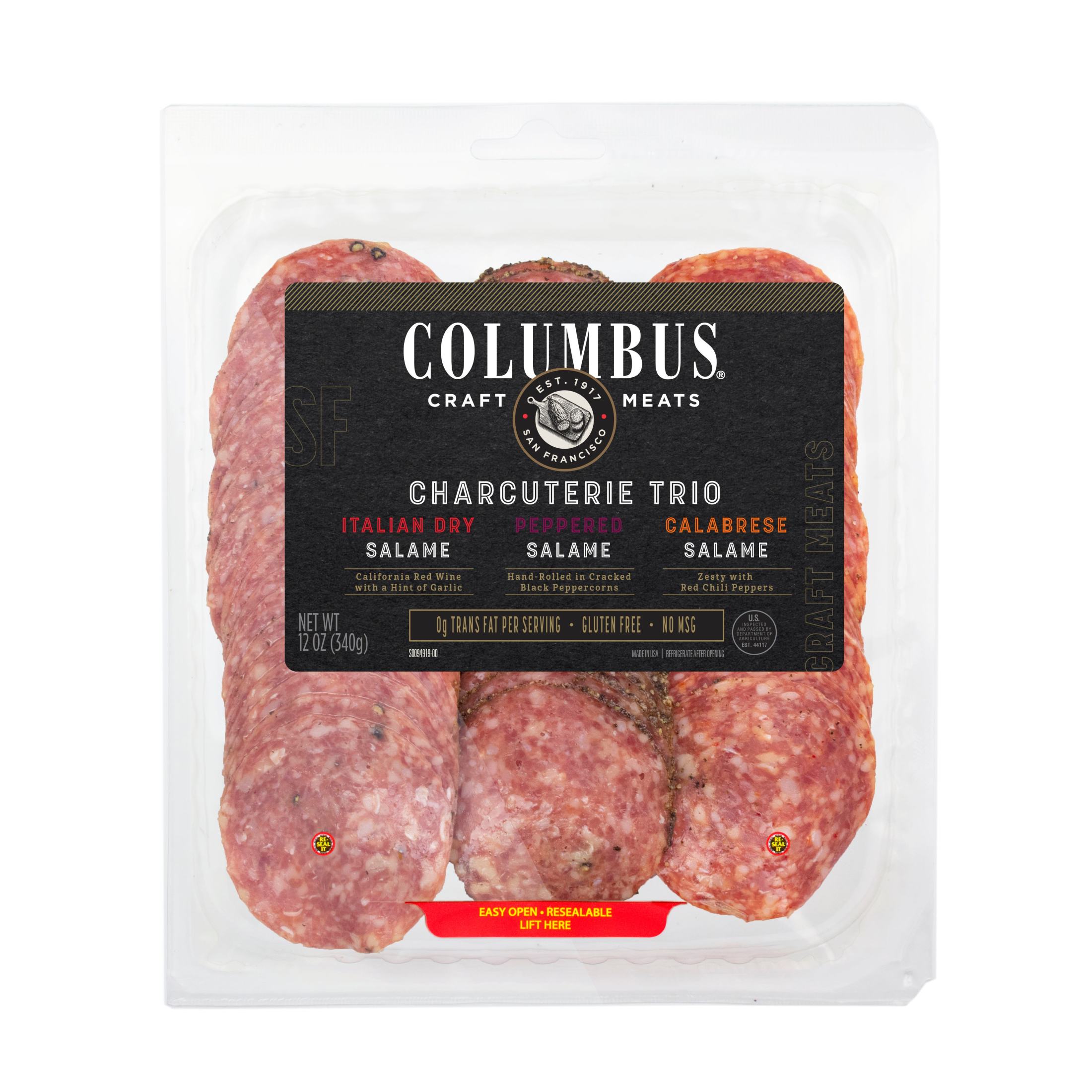 COLUMBUS, Salami Trio, Refrigerated Sliced Charcuterie Meat, 6 grams of Protein Per 1 oz Serving, 12 oz Plastic Tray