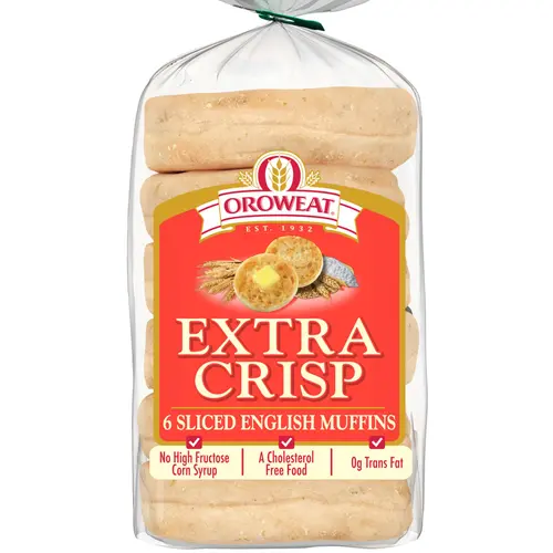 Oroweat Extra Crisp English Muffins, 6 count, Plain English Muffins, 12.5 oz Bag