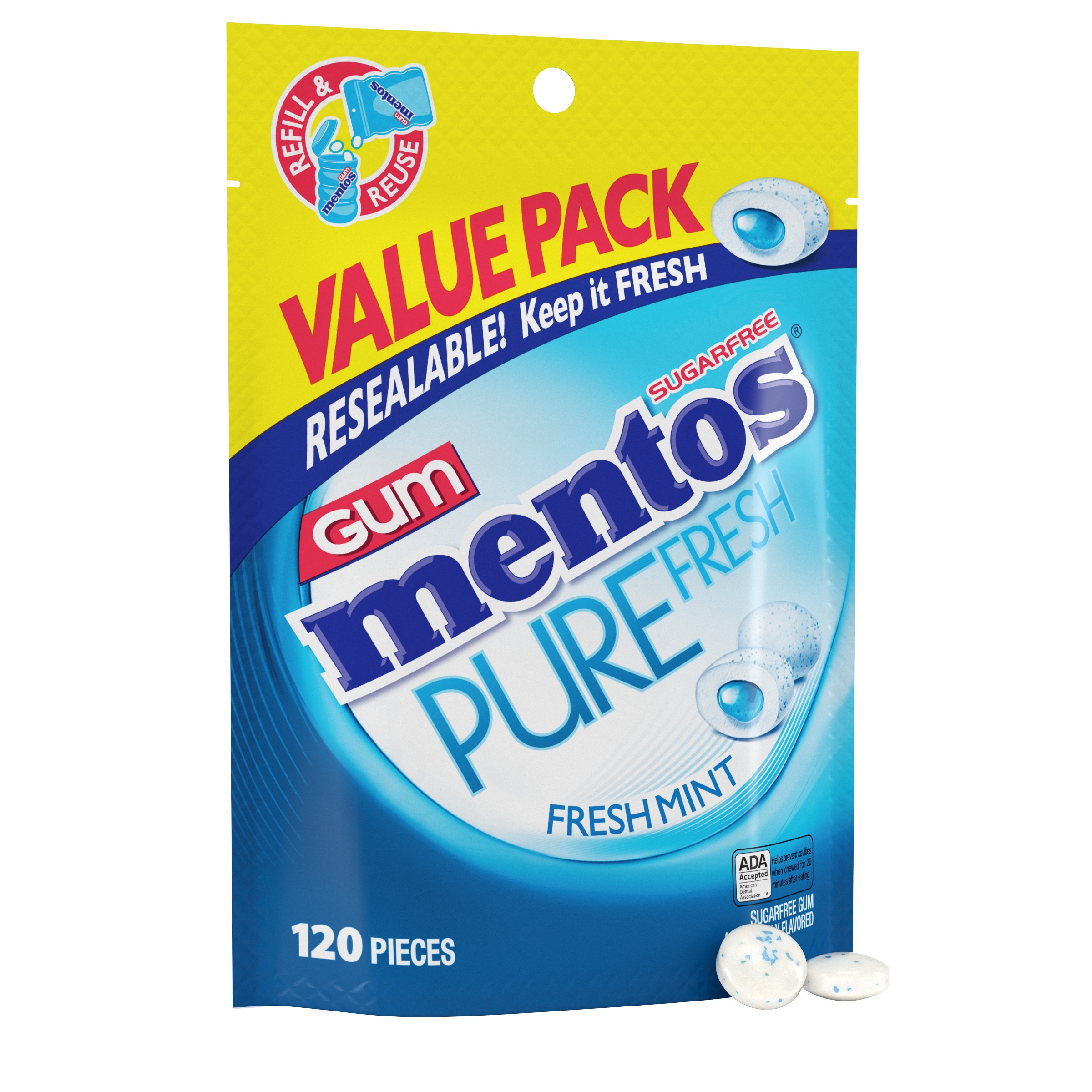 Mentos Pure Fresh Mint Sugar Free Gum Extra Value Pack, 120 Count Bag