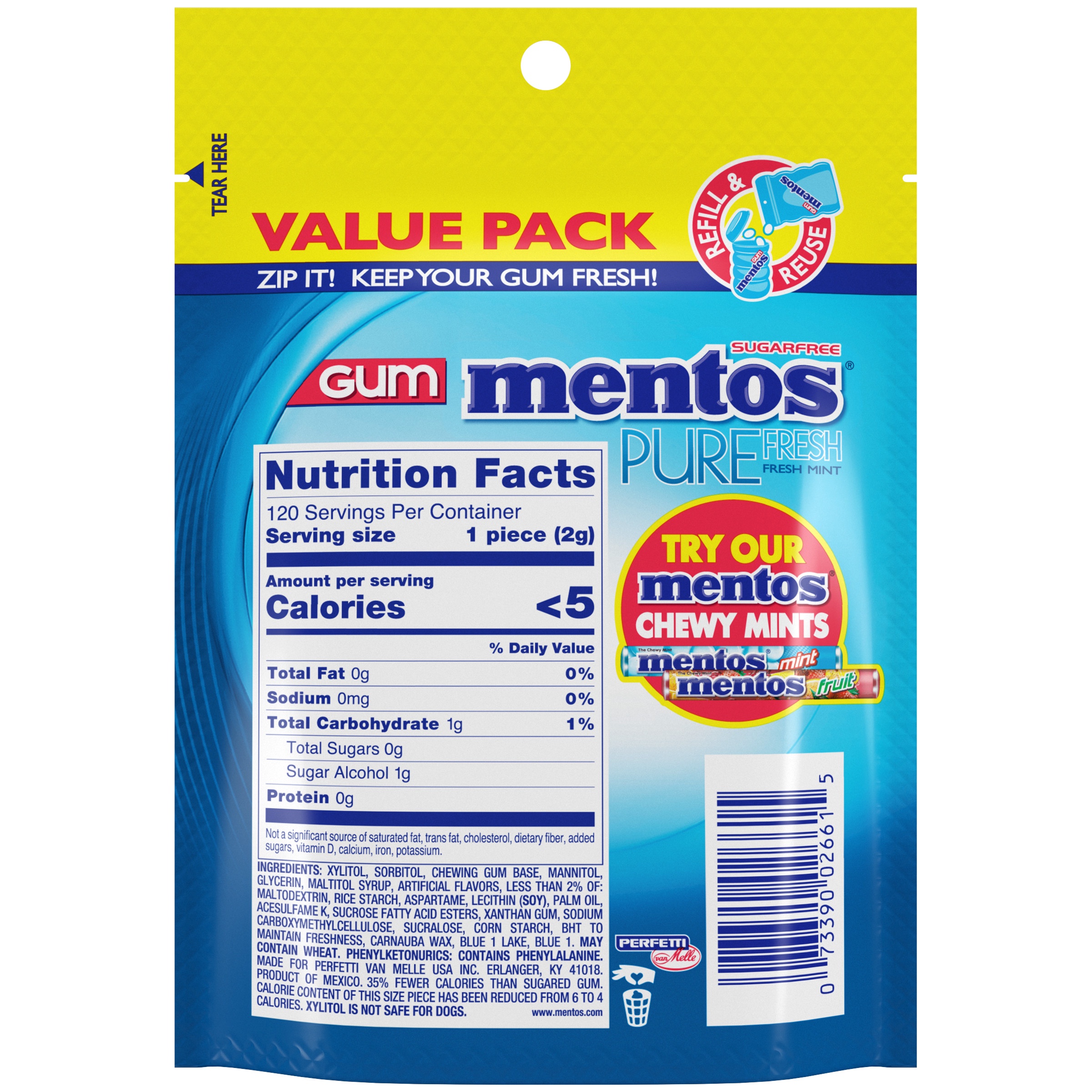 Mentos Pure Fresh Mint Sugar Free Gum Extra Value Pack, 120 Count Bag thumbnail 3