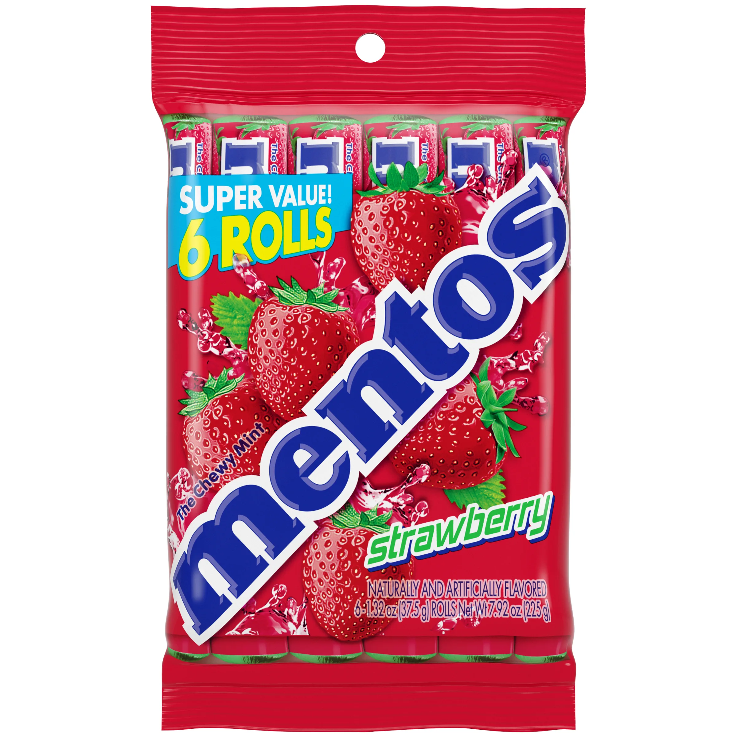 Mentos Chewy Mint Candy Roll, Strawberry, Nut Free, Regular Size, 1.32 oz, 6 Count