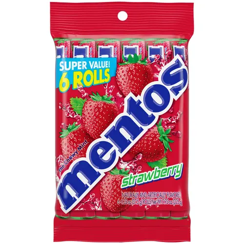 Mentos Chewy Mint Candy Roll, Strawberry, Nut Free, Regular Size, 1.32 oz, 6 Count