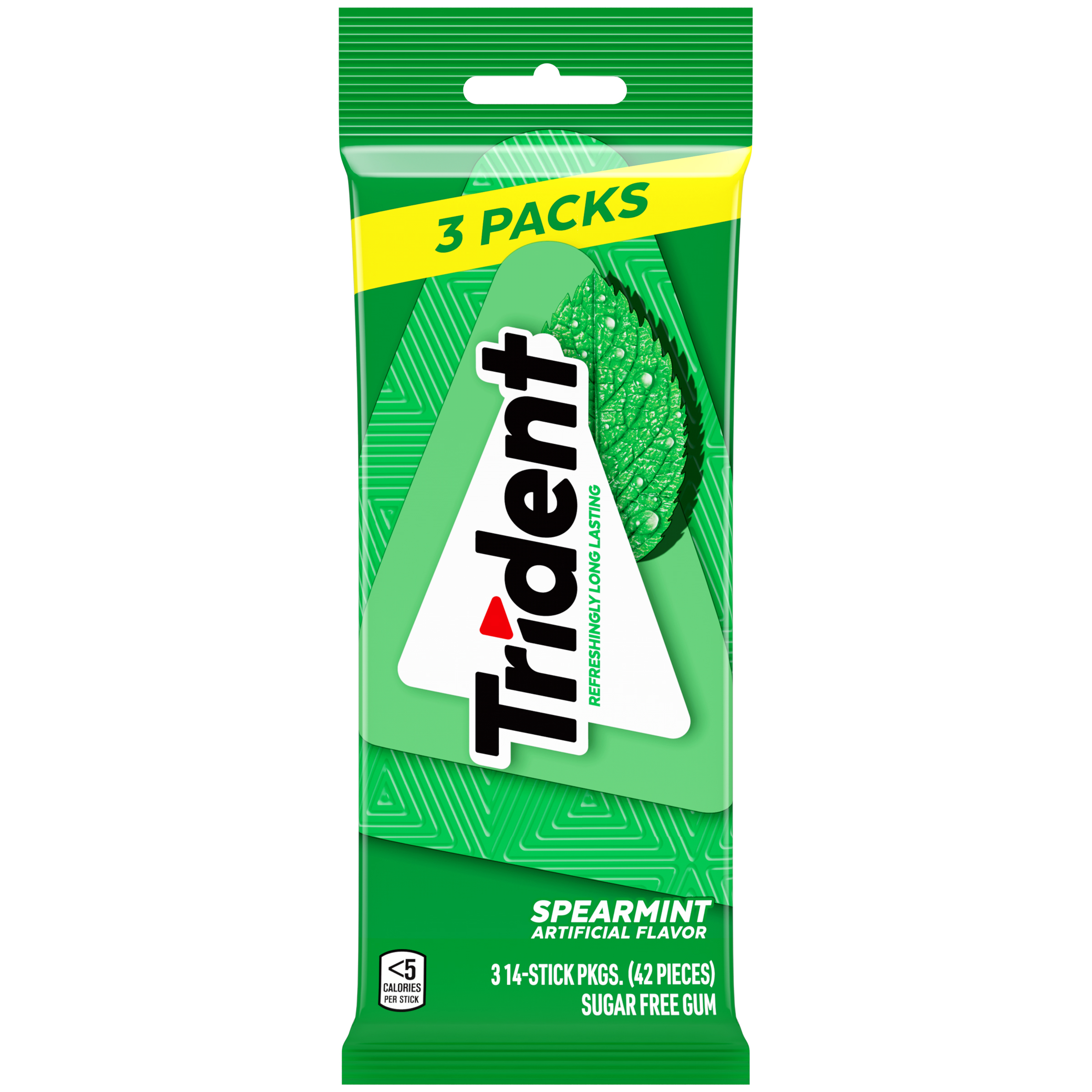 Trident Sugar Free Gum, Spearmint, 3 Packs of 14 Regular Size Pieces (42 Total Pieces)