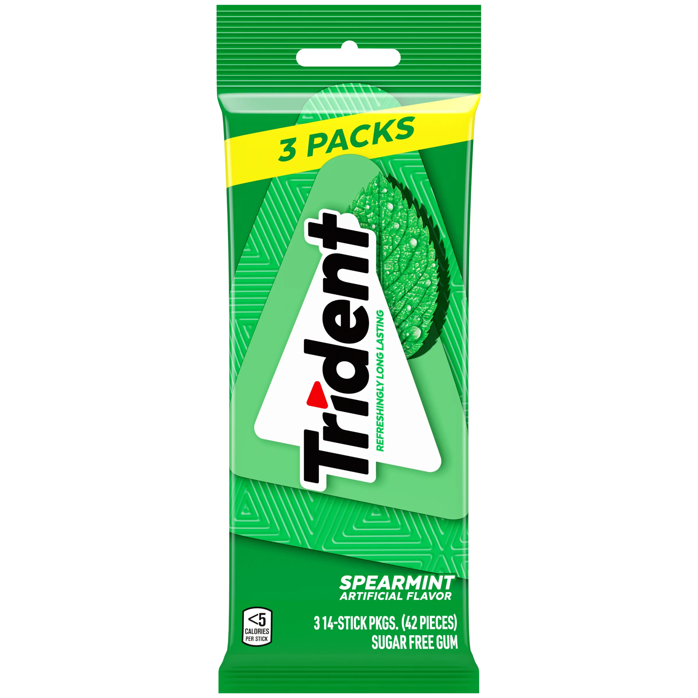 Trident Sugar Free Gum, Spearmint, 3 Packs of 14 Regular Size Pieces (42 Total Pieces)