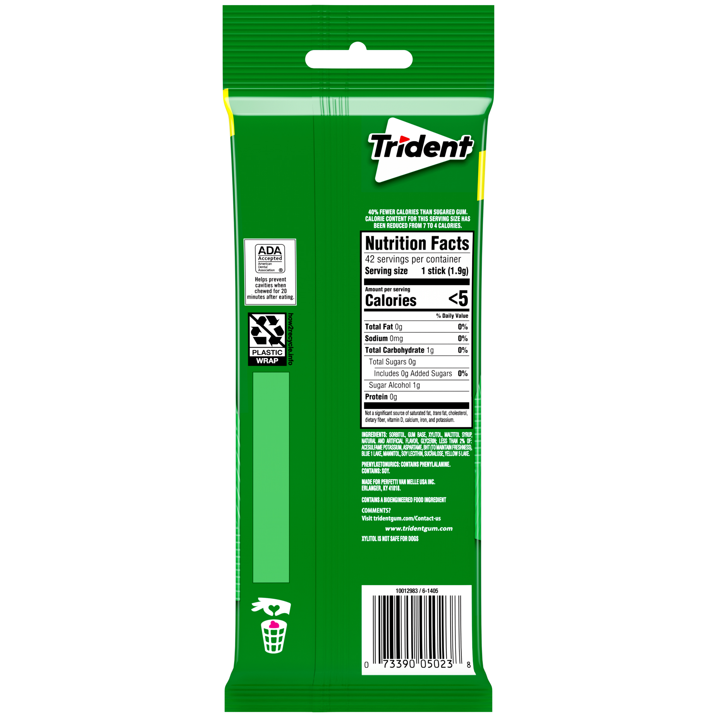 Trident Sugar Free Gum, Spearmint, 3 Packs of 14 Regular Size Pieces (42 Total Pieces) thumbnail 2