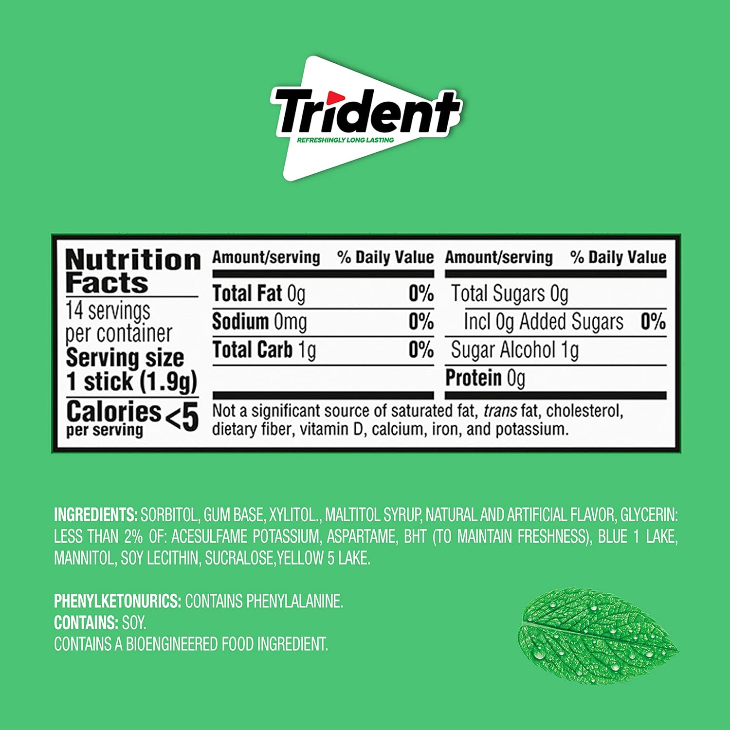 Trident Sugar Free Gum, Spearmint, 3 Packs of 14 Regular Size Pieces (42 Total Pieces) thumbnail 4
