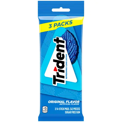 Trident Sugar Free Gum, Original, 3 Packs of 14 Regular Size Pieces (42 Total Pieces)