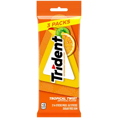 Trident Sugar Free Gum, Tropical Twist, 3 Packs of 14 Regular Size Pieces (42 Total Pieces)