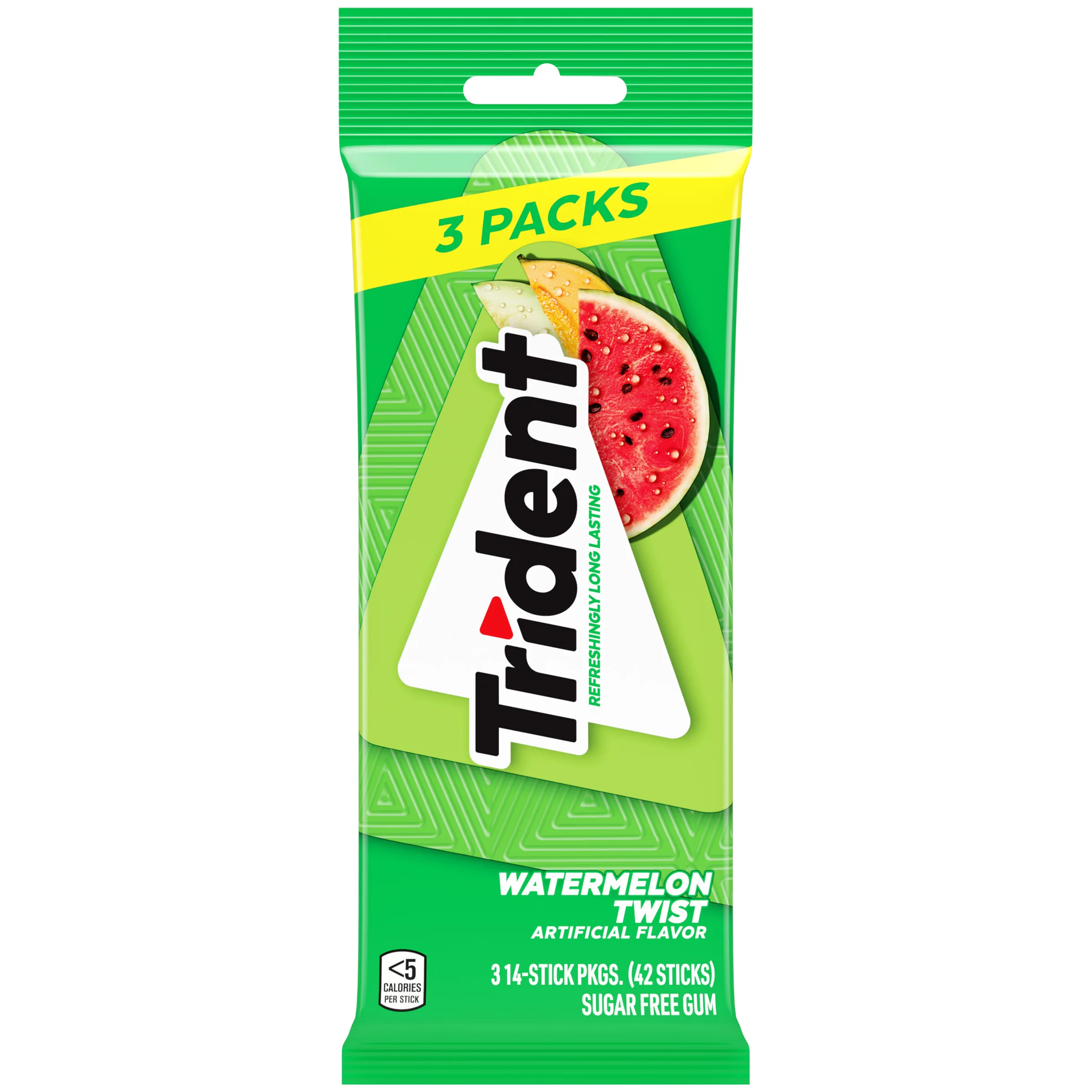 Trident Sugar Free Gum, Watermelon, 3 Packs of 14 Regular Size Pieces (42 Total Pieces)